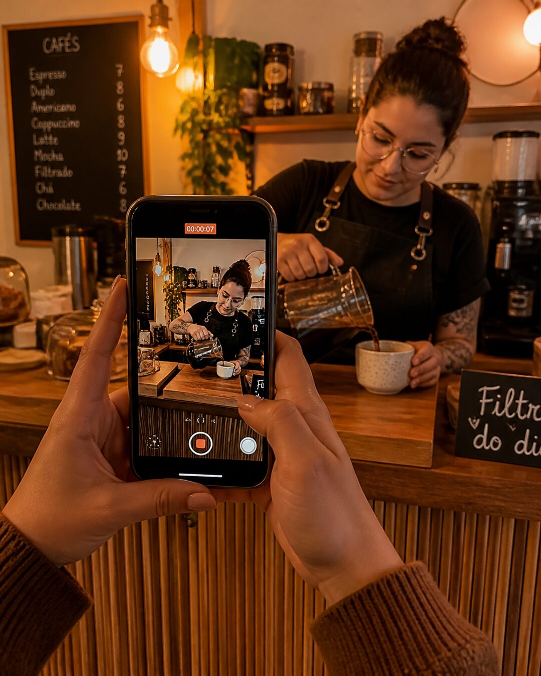 Celular num tripé filmando uma xícara de café sobre a mesa de uma cafeteria