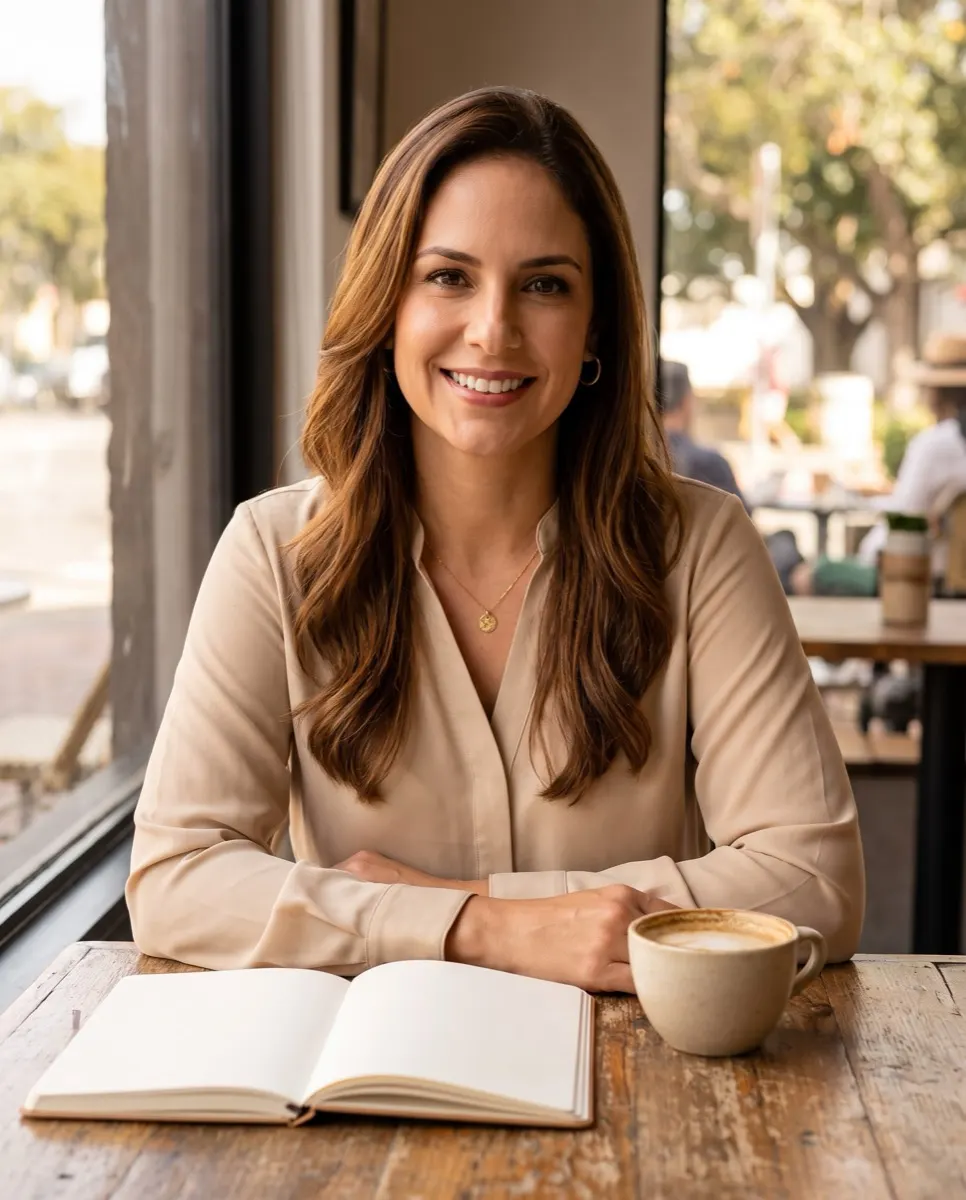 Clara, persona fictícia, sentada à mesa de um café com um caderno aberto