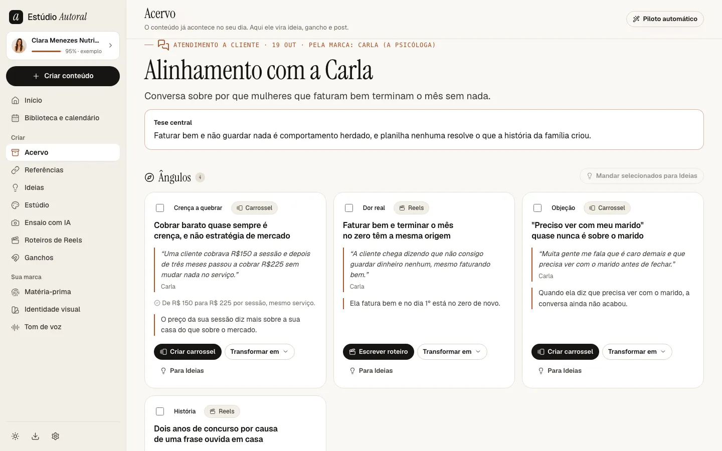 Tela do Acervo com a tese central e os assuntos de um atendimento, cada um com a frase de quem falou